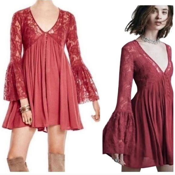 Free People With Love From India Lace Mini Boho Bell Sleeve Dress M Dusty Rose - Picture 1 of 11